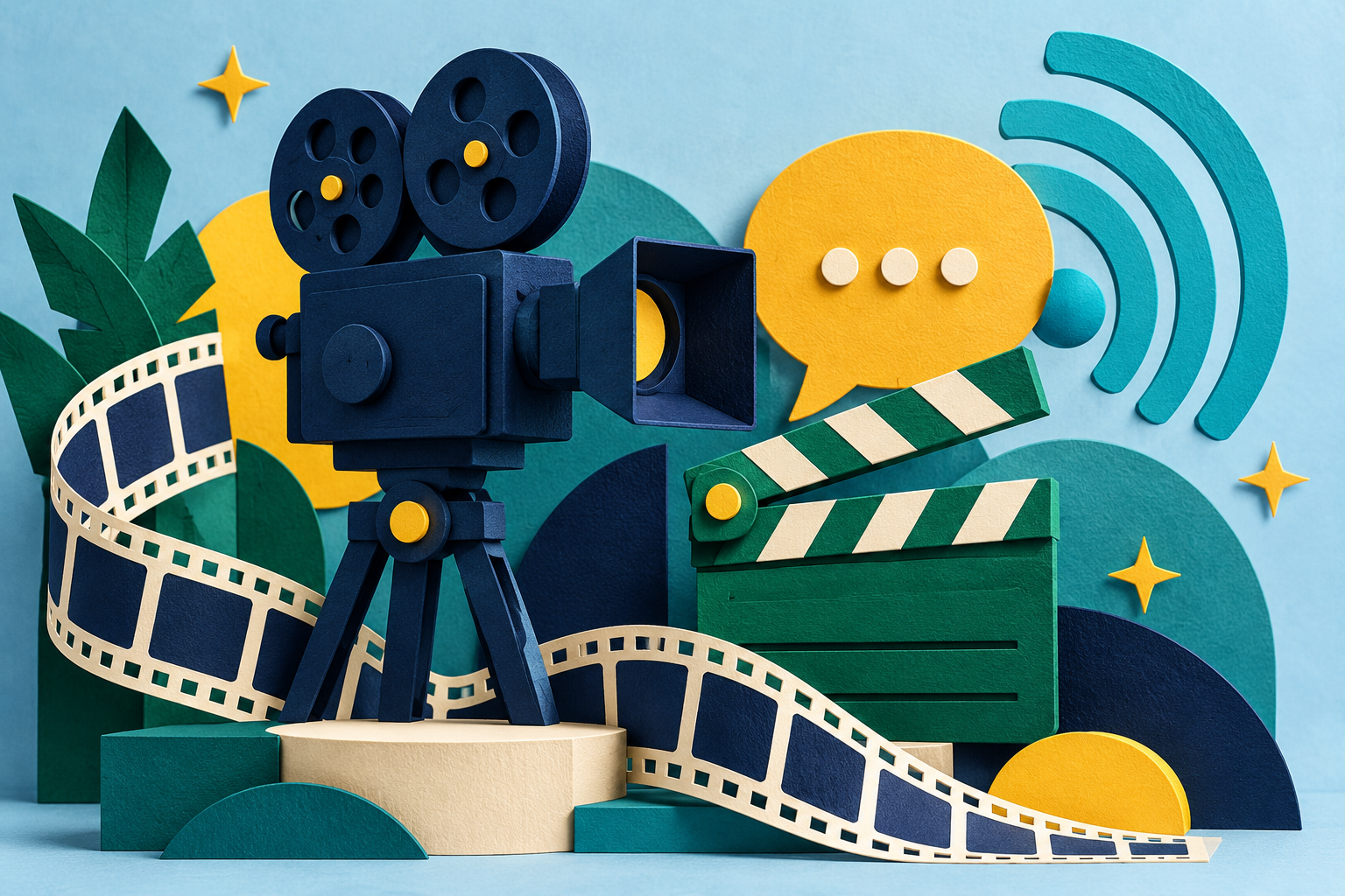 Paper-cut film camera, clapperboard and broadcast shapes
